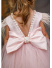 Feather Sleeve Blush Satin Tulle V Back Flower Girl Dress